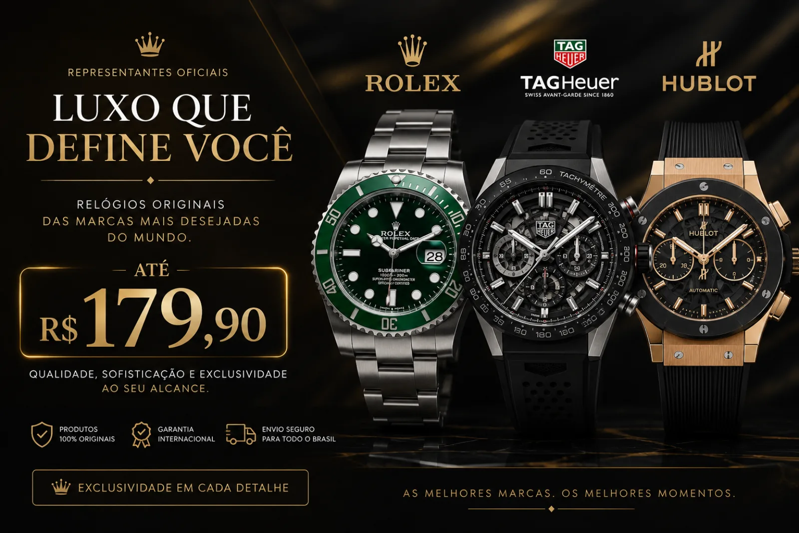 Luxo que define você — Rolex, TAG Heuer e Hublot a partir de R$ 179,90